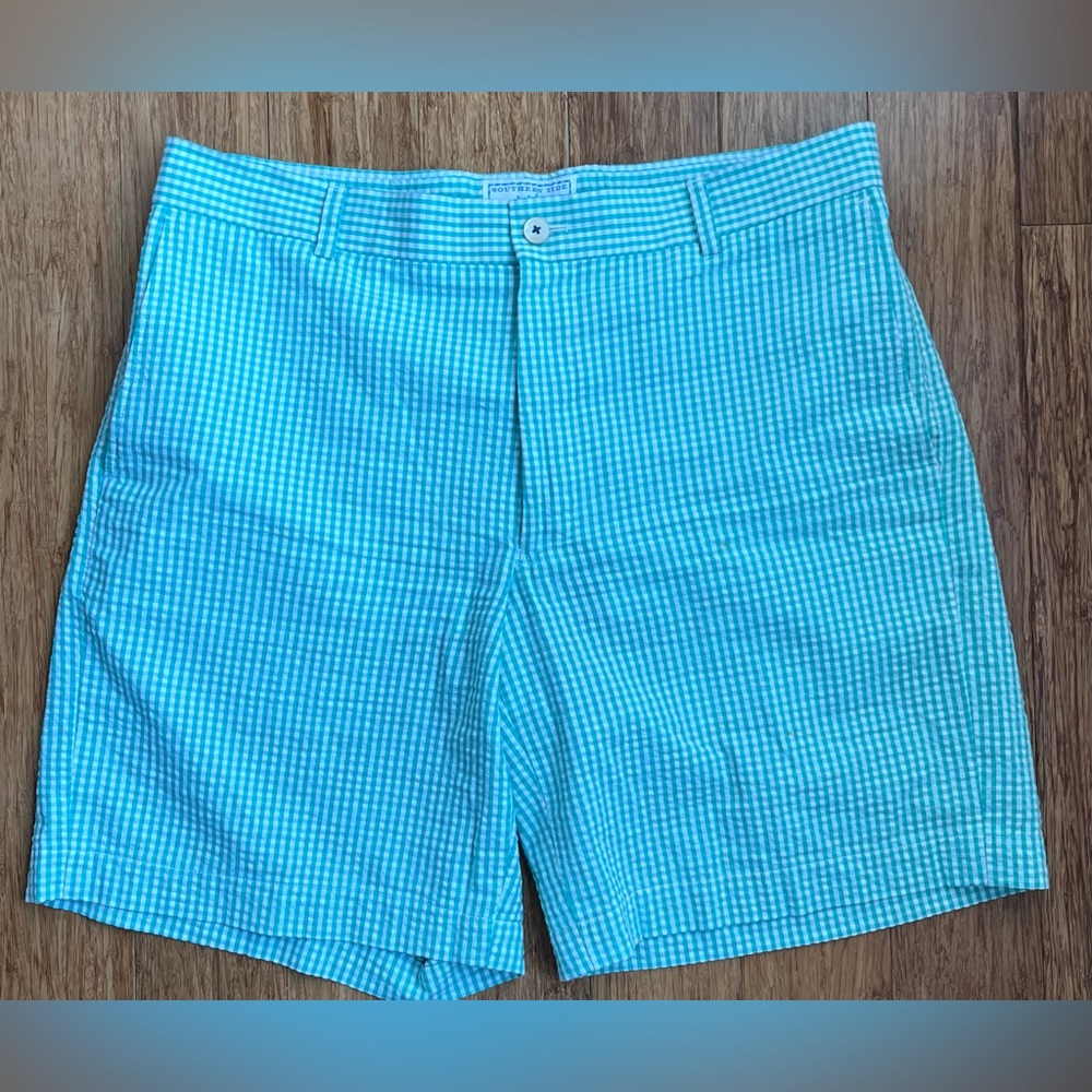 Southern Tide Shorts Men's 36 Green Gingham Seersucker Preppy Chino Flat Front